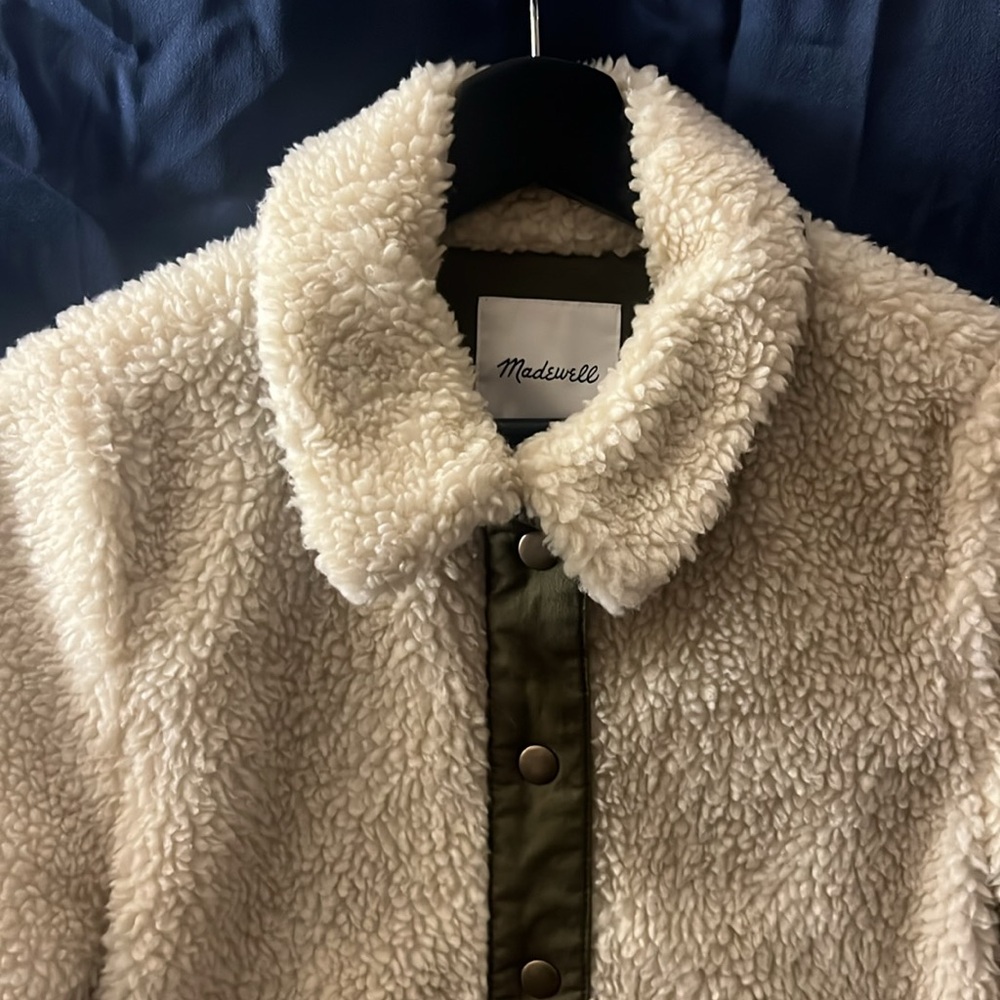 Madewell Cream Sherpa Jacket with Olive Trim - Picture 3 of 8